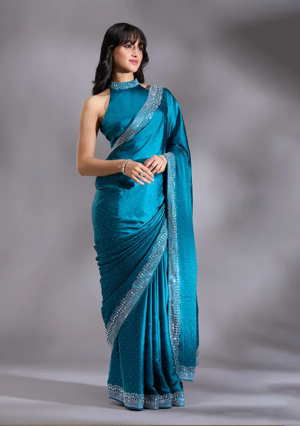 Peacock_Blue_Silk_Silver_Stonework_Satin_Saree_For_Women