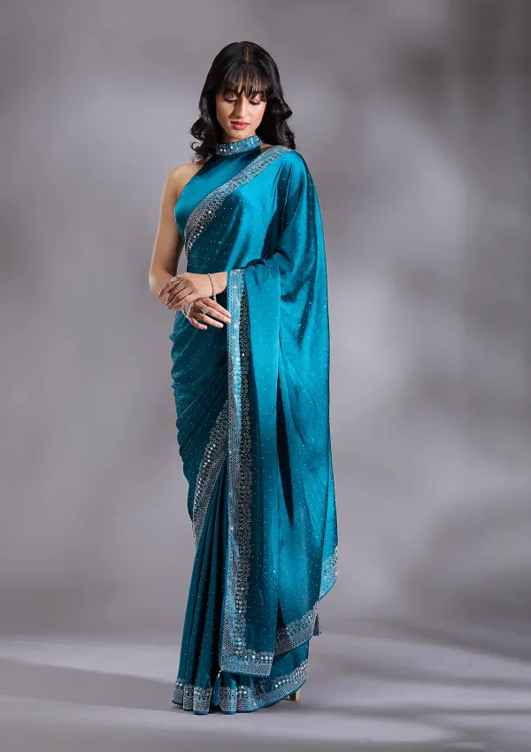 Peacock_Blue_Silk_Silver_Stonework_Satin_Saree_For_Women