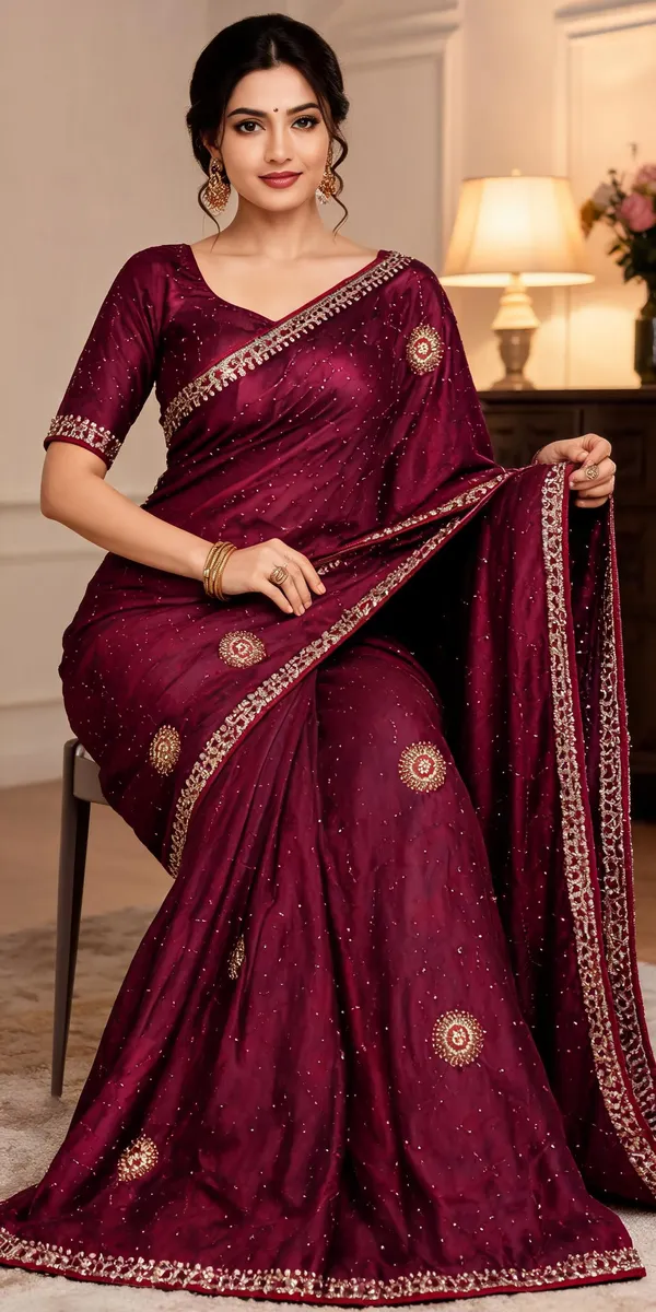 Wine_Silk_Stone_Work_Saree_For_Women