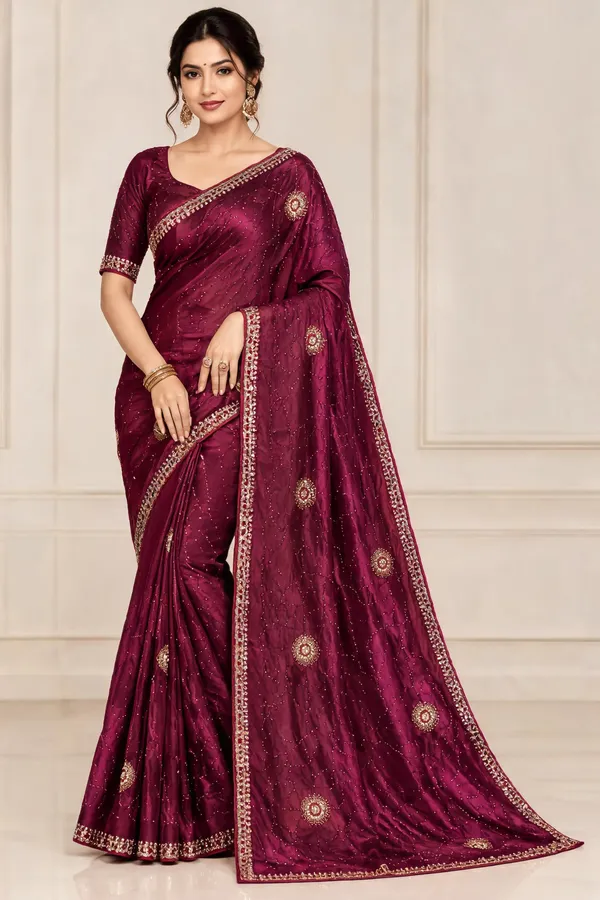 Wine_Silk_Stone_Work_Saree_For_Women