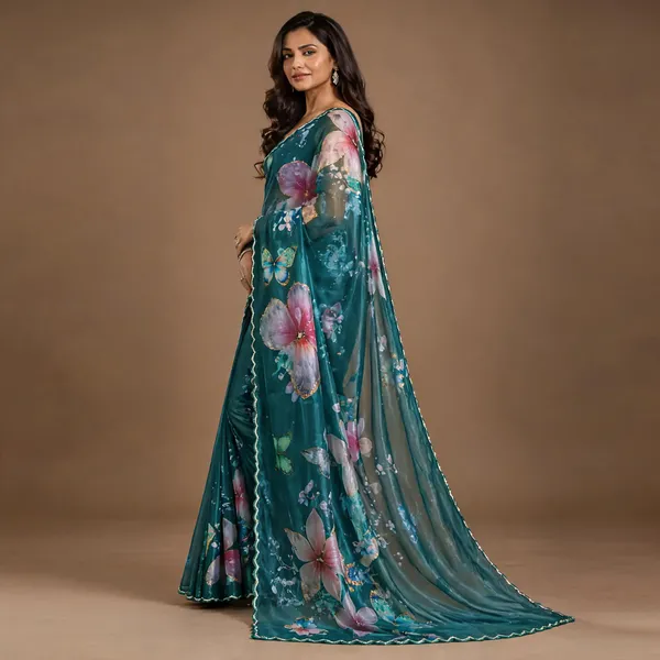 Teal_Satin_Butterfly_Print_Saree_For_Women