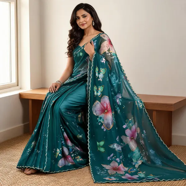 Teal_Satin_Butterfly_Print_Saree_For_Women