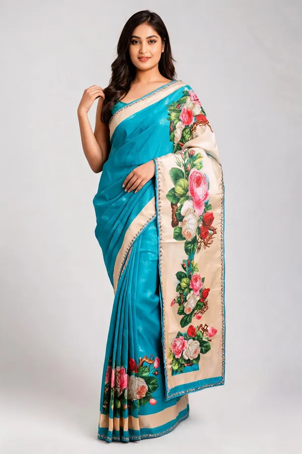 Blue_Chinon_Digital_Floral_Print_Saree_For_Women