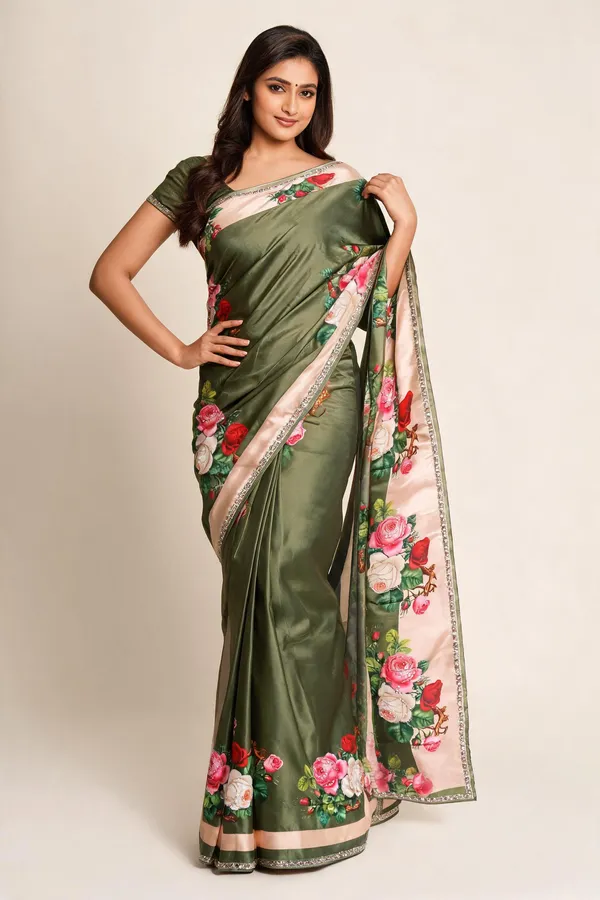 Olive_Green_Silk_Floral_Digital_Printed_Saree_For_Women