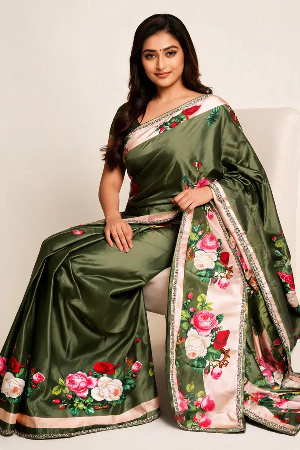 Olive_Green_Silk_Floral_Digital_Printed_Saree_For_Women