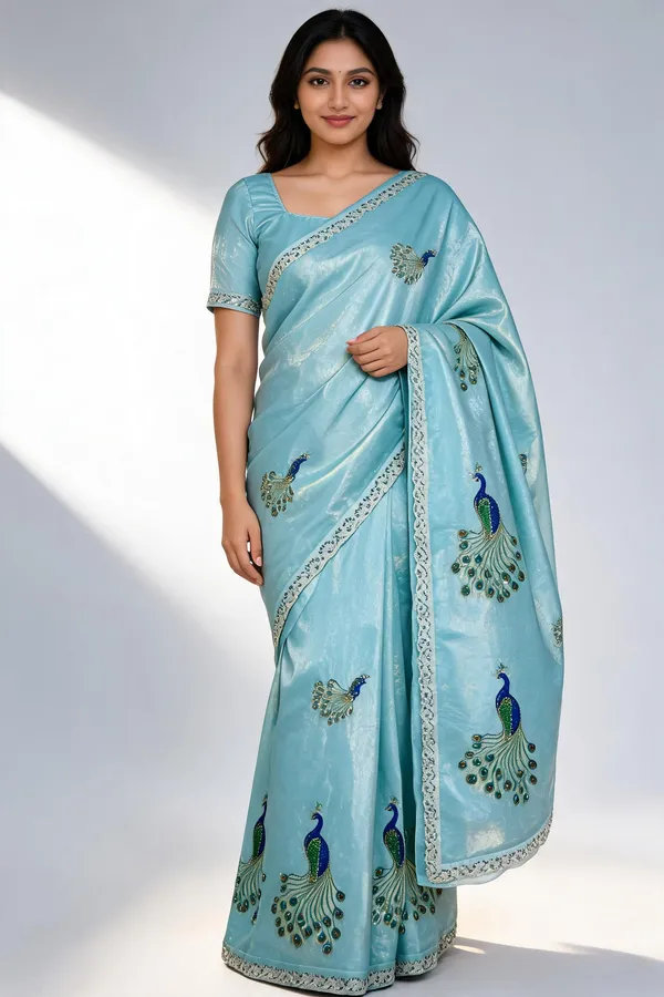 Sky_Blue_Satin_Stone_Work_Peacock_Print_Saree_For_Women