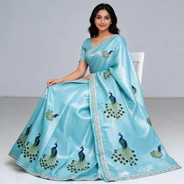 Sky_Blue_Satin_Stone_Work_Peacock_Print_Saree_For_Women