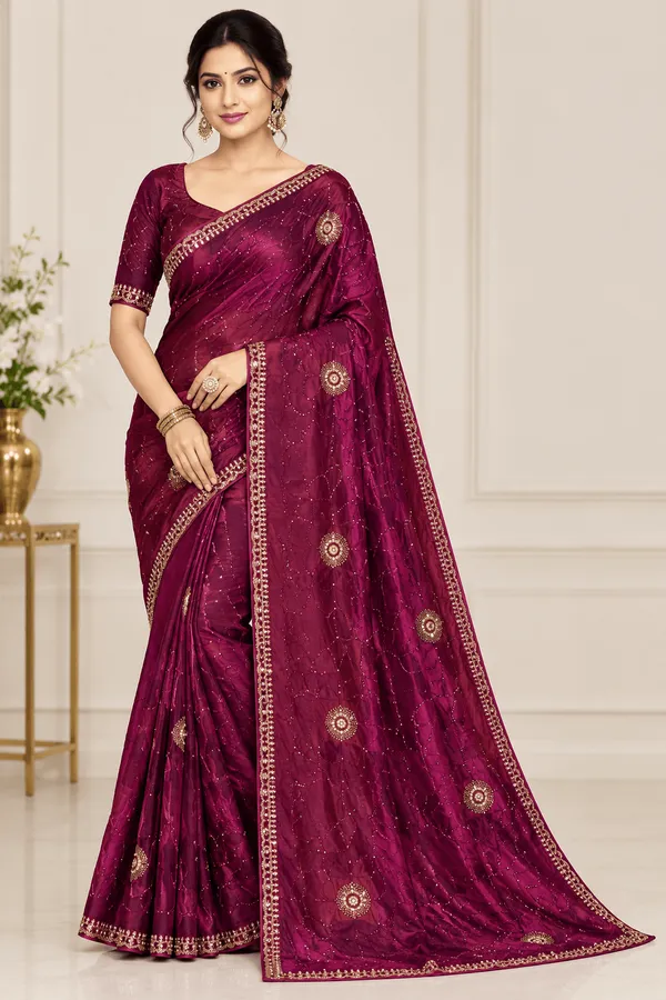 Wine_Silk_Stone_Work_Saree_For_Women