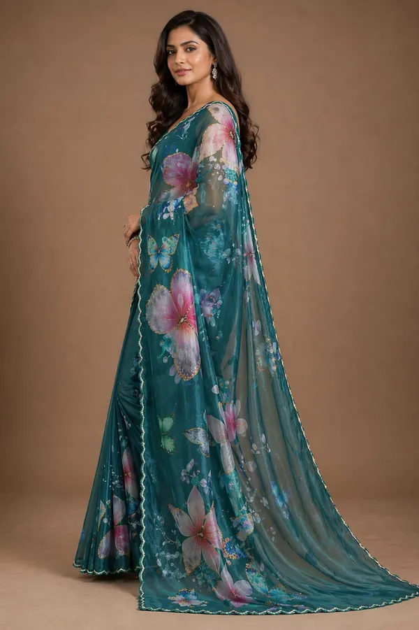 Teal_Satin_Butterfly_Print_Saree_For_Women