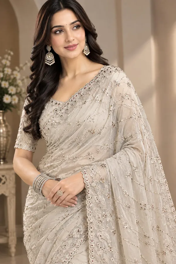 Ivory_Silk_Stone_Work_Saree_For_Women