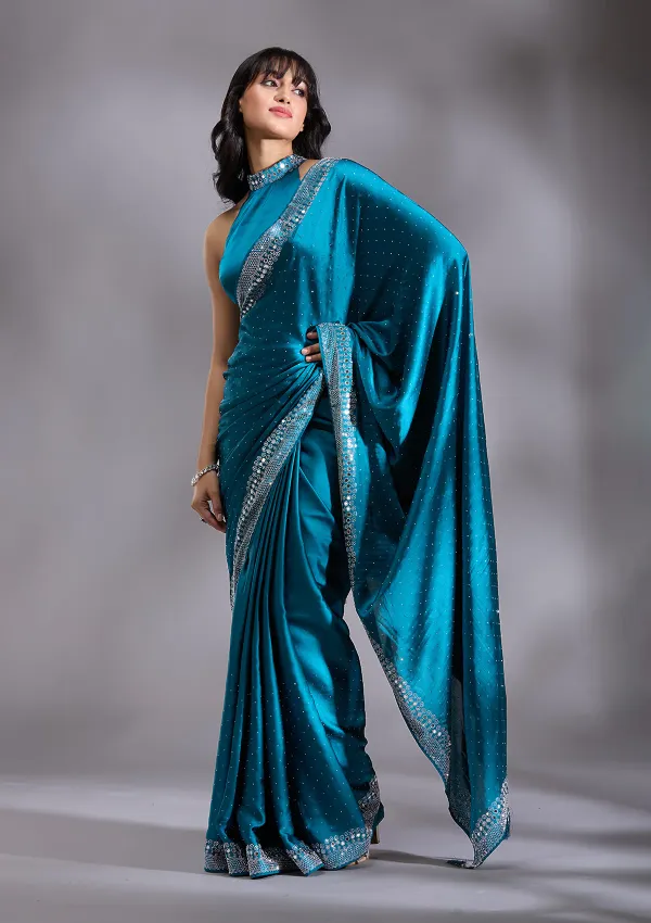 Peacock_Blue_Silk_Silver_Stonework_Satin_Saree_For_Women