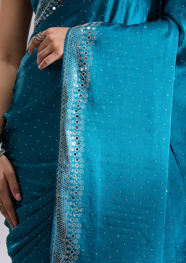 Peacock_Blue_Silk_Silver_Stonework_Satin_Saree_For_Women