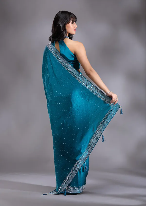 Peacock_Blue_Silk_Silver_Stonework_Satin_Saree_For_Women