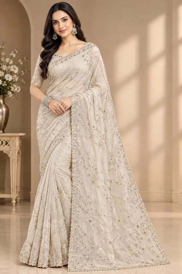 Ivory_Silk_Stone_Work_Saree_For_Women