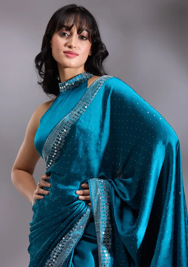 Peacock_Blue_Silk_Silver_Stonework_Satin_Saree_For_Women
