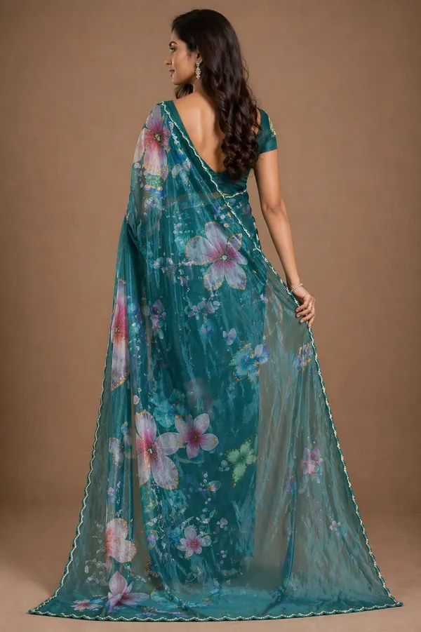 Teal_Satin_Butterfly_Print_Saree_For_Women