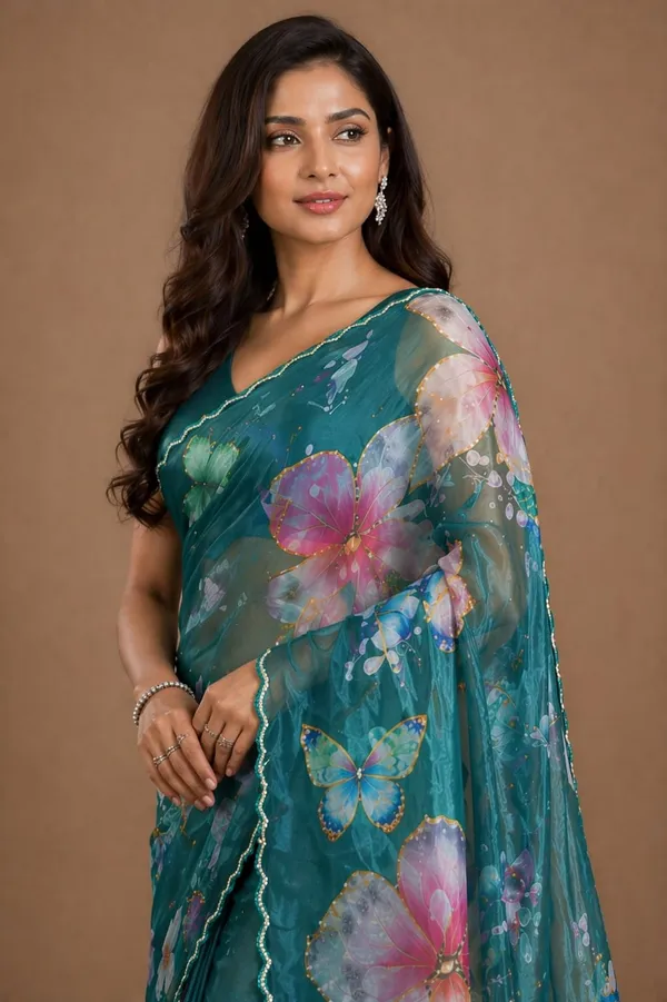 Teal_Satin_Butterfly_Print_Saree_For_Women