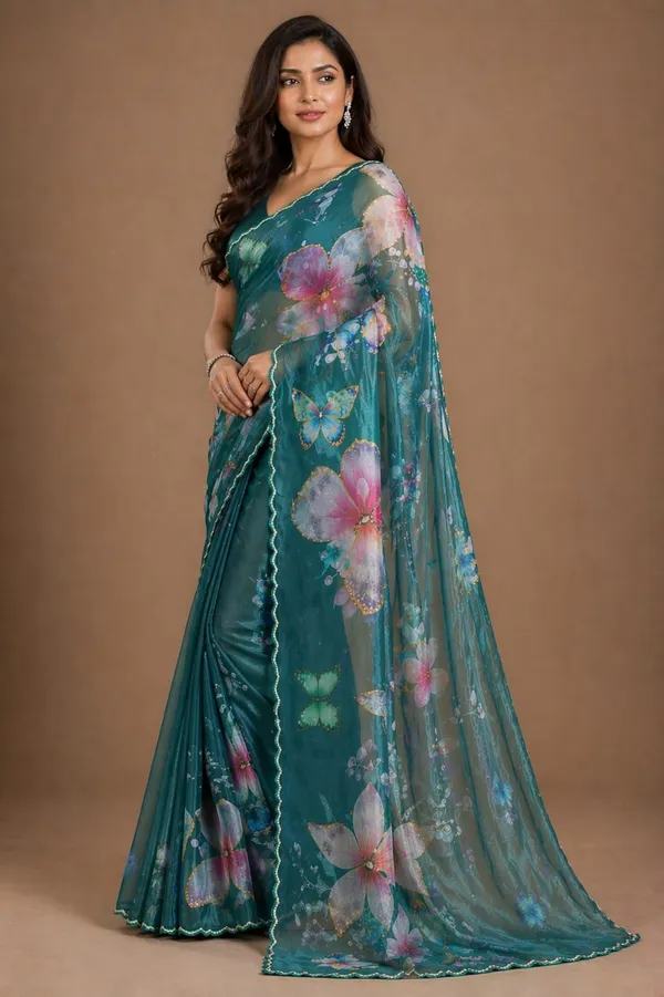 Teal_Satin_Butterfly_Print_Saree_For_Women
