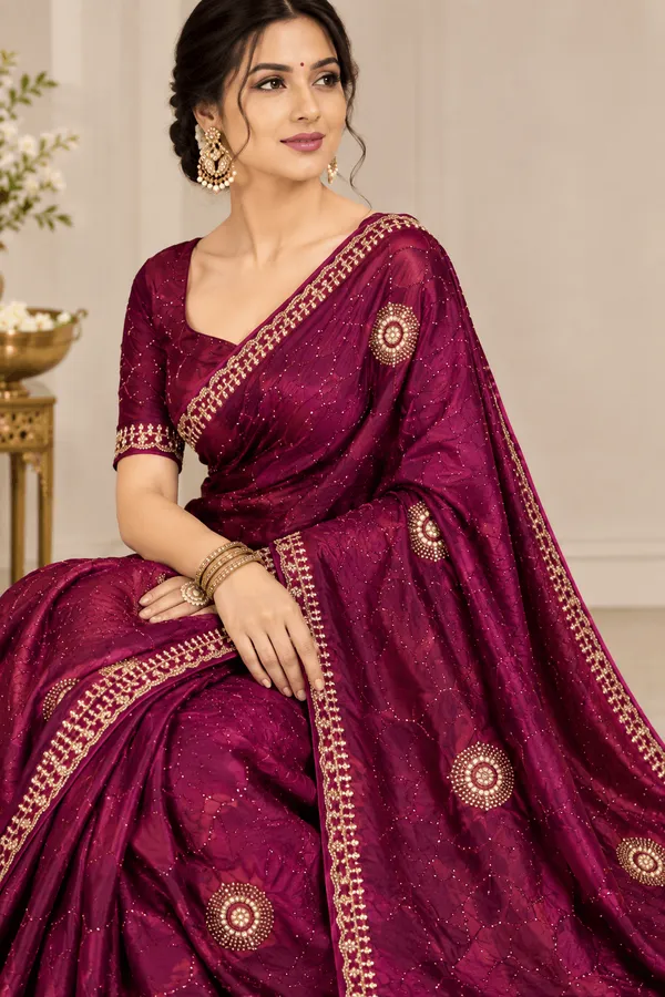 Wine_Silk_Stone_Work_Saree_For_Women
