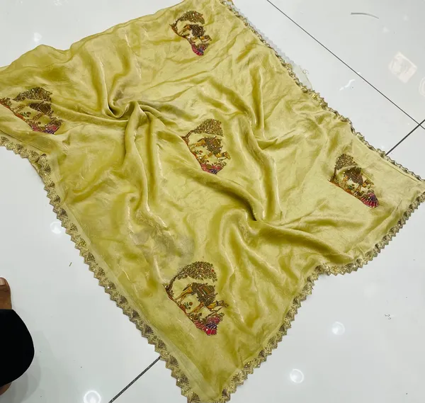 Yellow_Silk_Satin_Stone_Work_Saree_For_Women