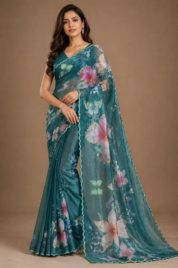 Teal_Satin_Butterfly_Print_Saree_For_Women