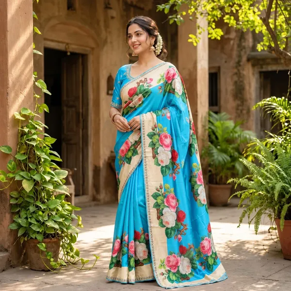 Blue_Chinon_Digital_Floral_Print_Saree_For_Women
