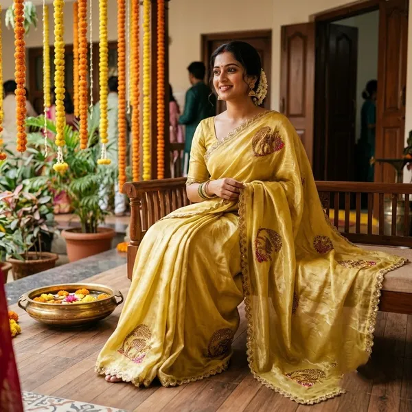 Yellow_Silk_Satin_Stone_Work_Saree_For_Women