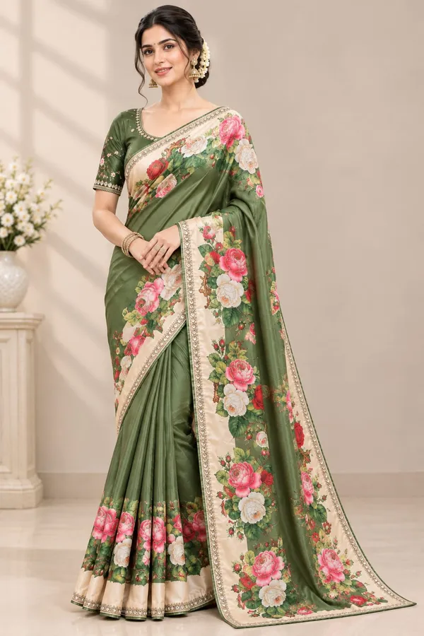 Olive_Green_Silk_Floral_Digital_Printed_Saree_For_Women