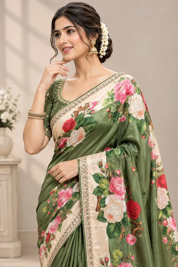 Olive_Green_Silk_Floral_Digital_Printed_Saree_For_Women