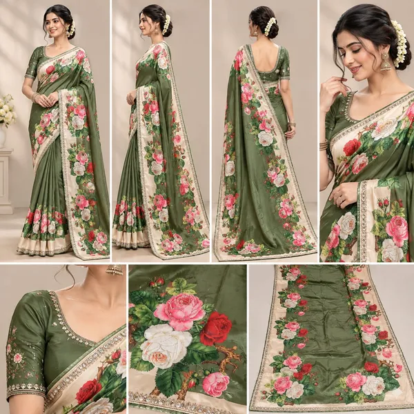 Olive_Green_Silk_Floral_Digital_Printed_Saree_For_Women