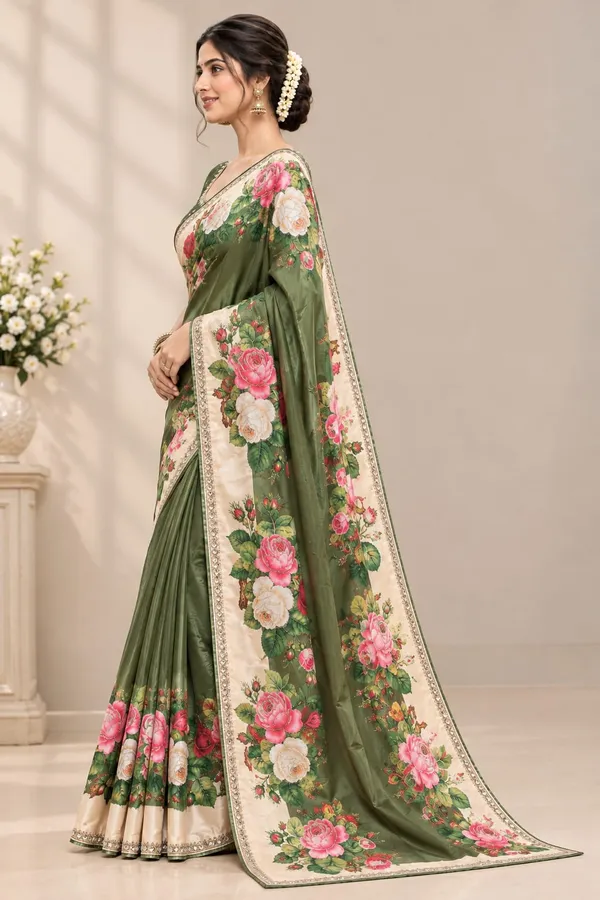 Olive_Green_Silk_Floral_Digital_Printed_Saree_For_Women