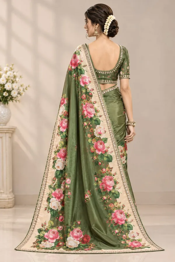 Olive_Green_Silk_Floral_Digital_Printed_Saree_For_Women