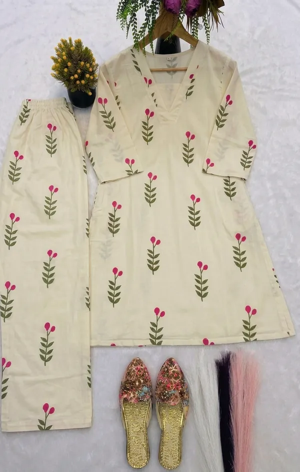 Cream_Cotton_Kurti_with_Bottomwear_for_Women