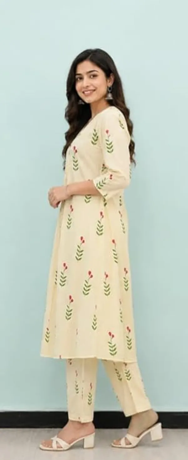 Cream_Cotton_Kurti_with_Bottomwear_for_Women