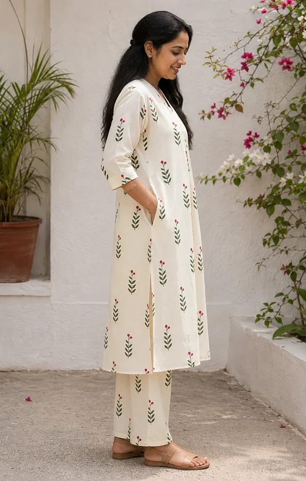 Cream_Cotton_Kurti_with_Bottomwear_for_Women