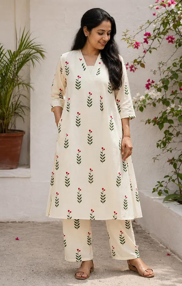 Cream_Cotton_Kurti_with_Bottomwear_for_Women