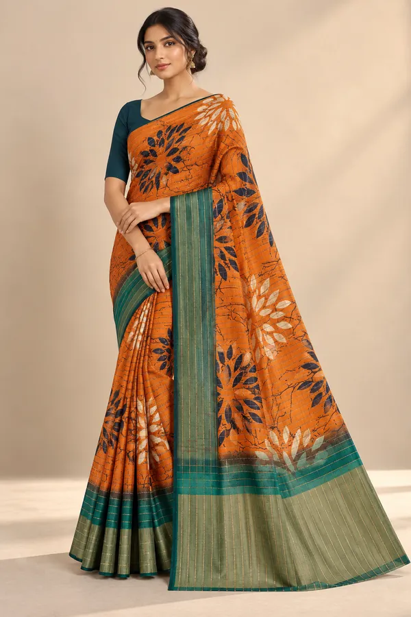 Orange_Cotton_Floral_Leaf_Print_Saree_For_Women