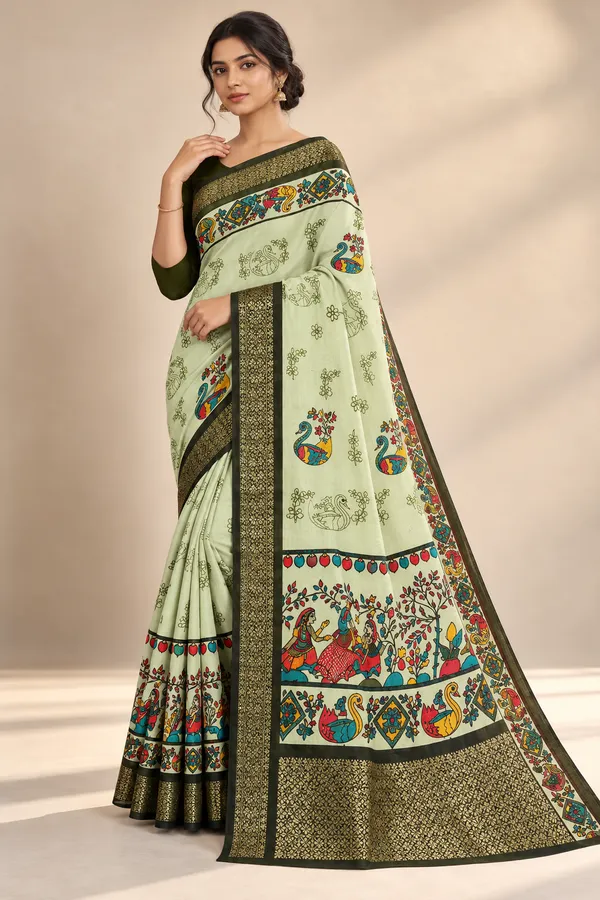 Green_Cotton_Peacock_Floral_Print_Saree_For_Women