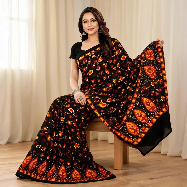 Black_Chiffon_Floral_Print_Saree_For_Women