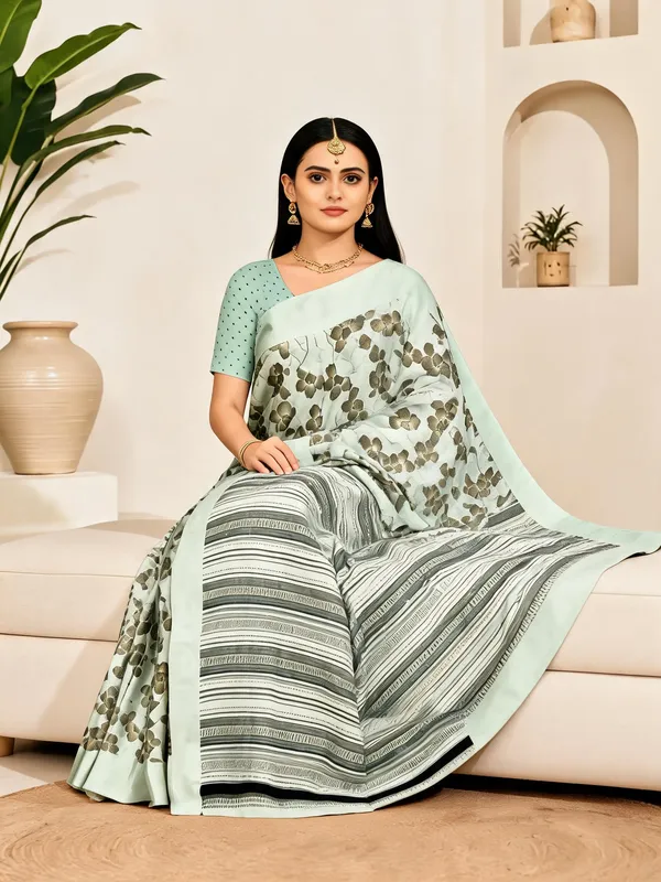 Mint_Green_Georgette_Floral_Printed_Saree_For_Women