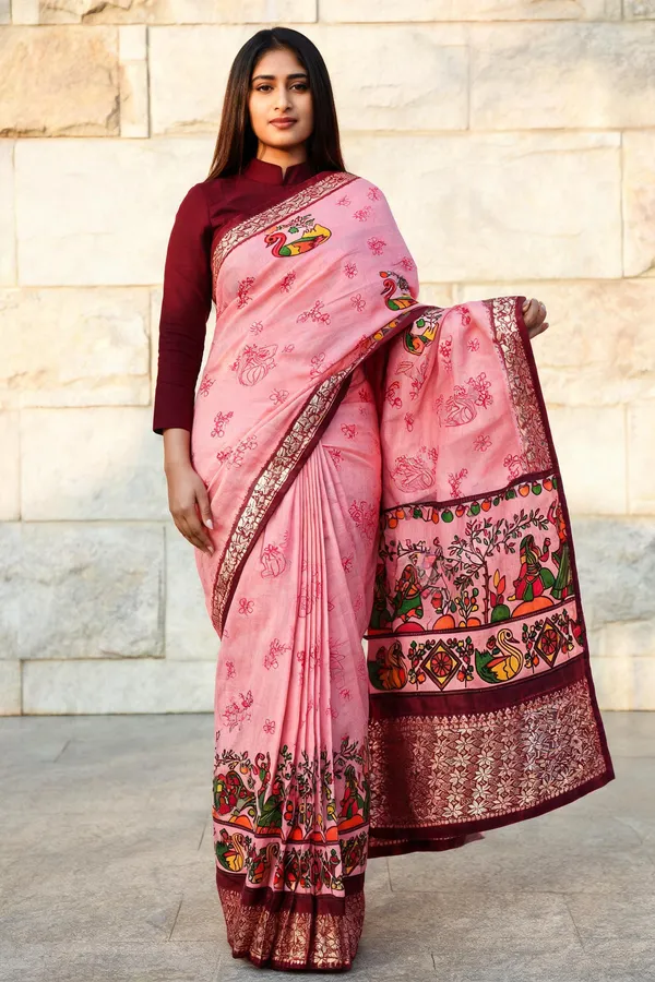 Pink_Cotton_Peacock_Folk_Print_Saree_For_Women