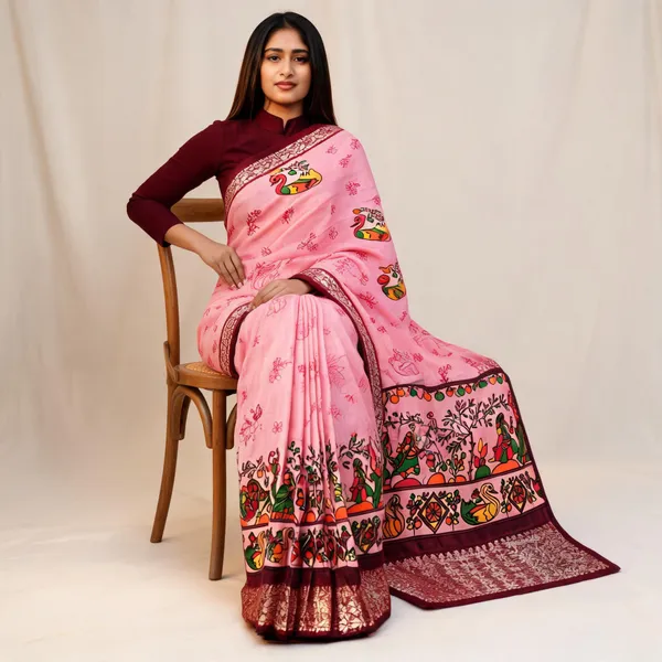 Pink_Cotton_Peacock_Folk_Print_Saree_For_Women