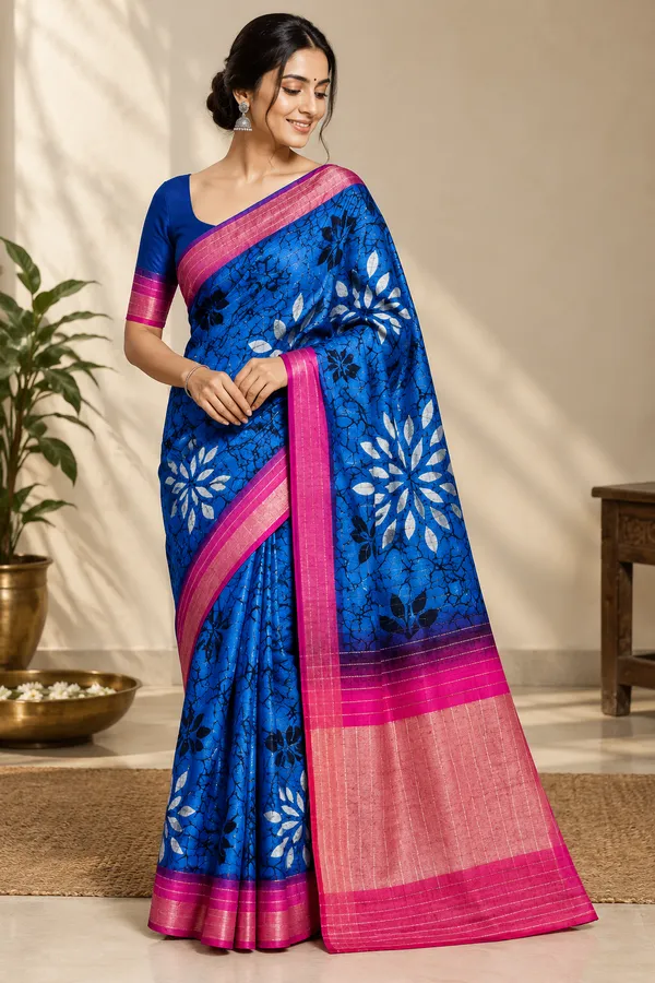 Blue_Cotton_Floral_Print_Traditional_Saree_For_Women