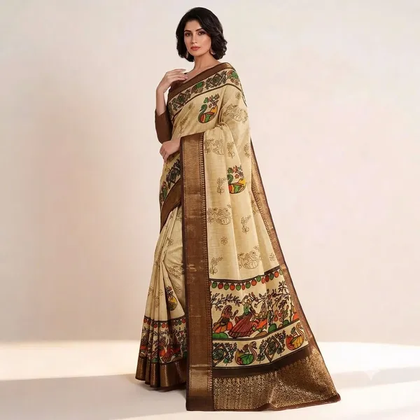 Beige_Cotton_Peacock_Folk_Art_Print_Saree_For_Women