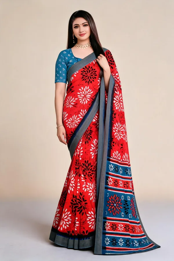 Red_Blue_Cotton_Floral_Print_Saree_For_Women
