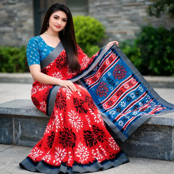 Red_Blue_Cotton_Floral_Print_Saree_For_Women