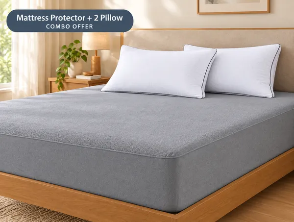 Grey_And_White_Melange_Plush_Fiberfill_Jacquard_Mattress_Protector_Pillow_Set
