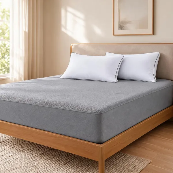Grey_And_White_Melange_Plush_Fiberfill_Jacquard_Mattress_Protector_Pillow_Set