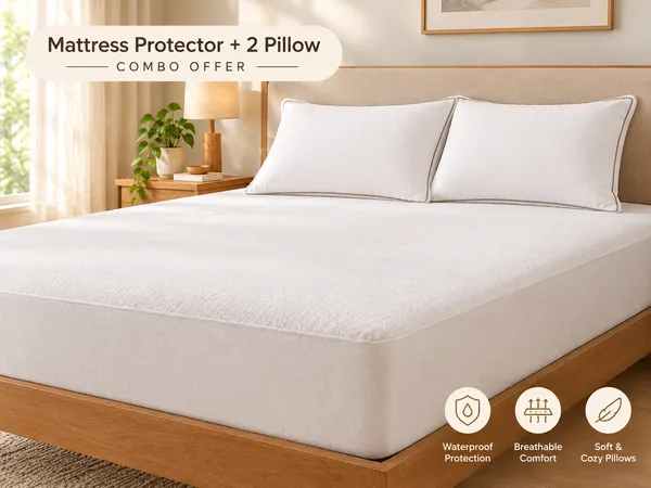 White_Melange_Plush_Fiberfill_Jacquard_Mattress_Protector_Pillow_Set