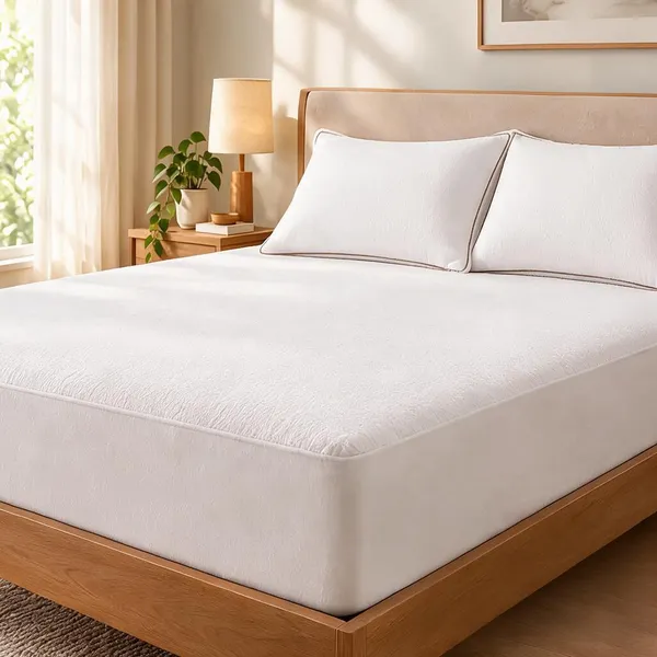 White_Melange_Plush_Fiberfill_Jacquard_Mattress_Protector_Pillow_Set